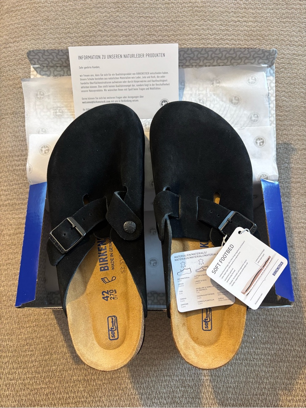 Birkenstock Boston Black Suede Soft Footbed Unisex Clogs EU 42